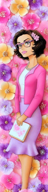 Free teacher bookmark featuring a standing teacher in a lilac skirt